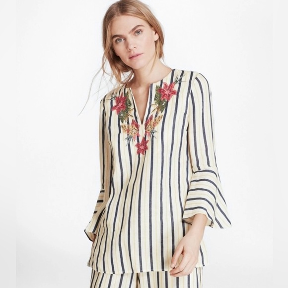Brooks Brothers Linen Classic Striped Embroidered Tunic Bell Sleeves Size 4 - Picture 1 of 9